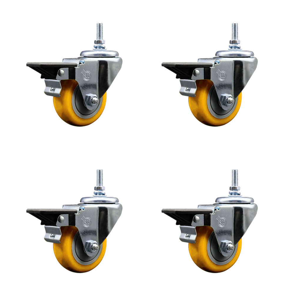 Polyurethane Swivel Threaded Stem Caster Set of 4 w/3" x 1.25" Yellow Wheels and 3/8" Stems - Includes 4 with Posi Lock Brakes - 1,200 lbs Total Capacity - Service Caster Brand — photo 1