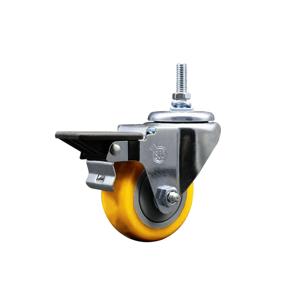 Polyurethane Swivel Threaded Stem Caster w/3" x 1.25" Yellow Wheel and 3/8" Stem & Posi Locking Brake - 300 lbs Capacity/Caster - Service Caster Brand — photo 1