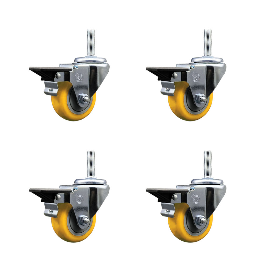 Polyurethane Swivel Threaded Stem Caster Set of 4 w/3" x 1.25" Yellow Wheels and 5/8" Stems - Includes 4 with Posi Lock Brakes - 1,200 lbs Total Capacity - Service Caster Brand — photo 1