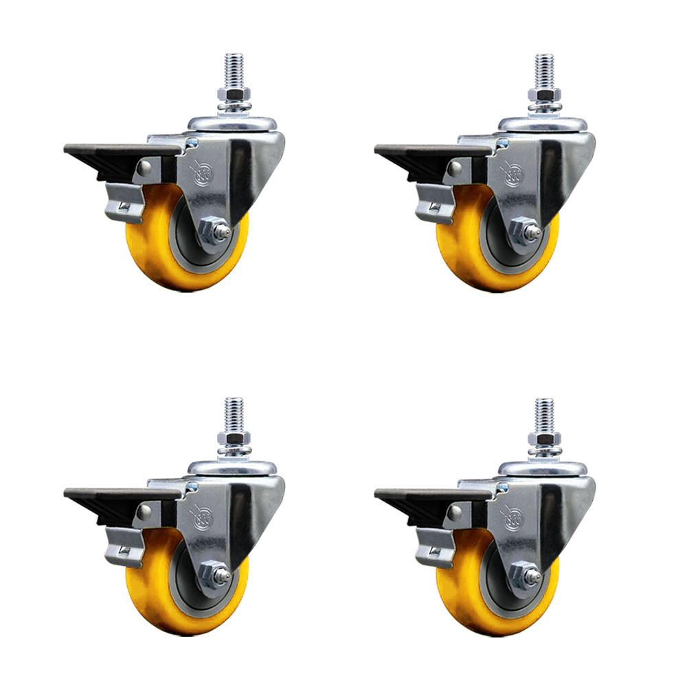 Polyurethane Swivel Threaded Stem Caster Set of 4 w/3" x 1.25" Yellow Wheels and 10MM Stems - Includes 4 with Posi Lock Brakes - 1,200 lbs Total Capacity - Service Caster Brand — photo 1