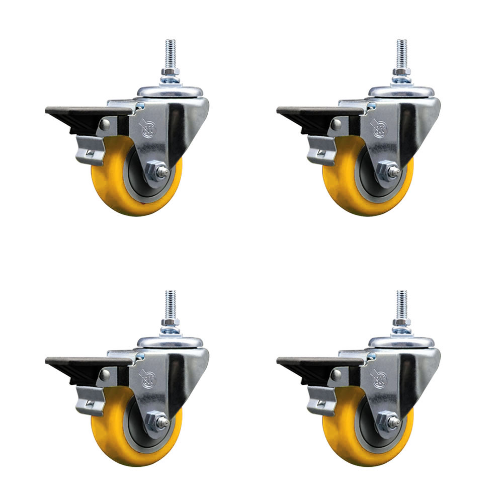 Polyurethane Swivel Threaded Stem Caster Set of 4 w/3" x 1.25" Yellow Wheels and 12MM Stems - Includes 4 with Posi Lock Brakes - 1,200 lbs Total Capacity - Service Caster Brand — photo 1