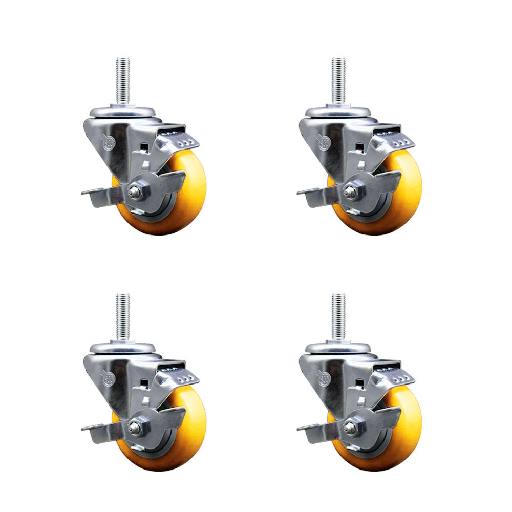 Polyurethane Swivel Threaded Stem Caster Set of 4 w/3" x 1.25" Yellow Wheels and 3/4" Stems - Includes 4 with Top Lock Brakes - 1,200 lbs Total Capacity - Service Caster Brand — photo 1