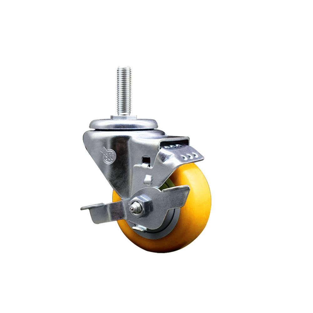 Polyurethane Swivel Threaded Stem Caster w/3" x 1.25" Yellow Wheel and 3/4" Stem & Top Locking Brake - 300 lbs Capacity/Caster - Service Caster Brand — photo 1