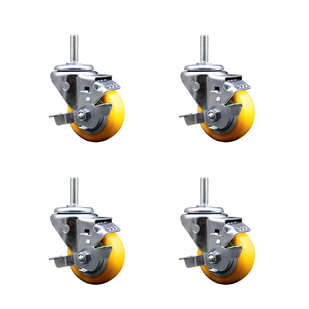 Polyurethane Swivel Threaded Stem Caster Set of 4 w/3" x 1.25" Yellow Wheels and 5/8" Stems - Includes 4 with Top Lock Brakes - 1,200 lbs Total Capacity - Service Caster Brand — photo 1