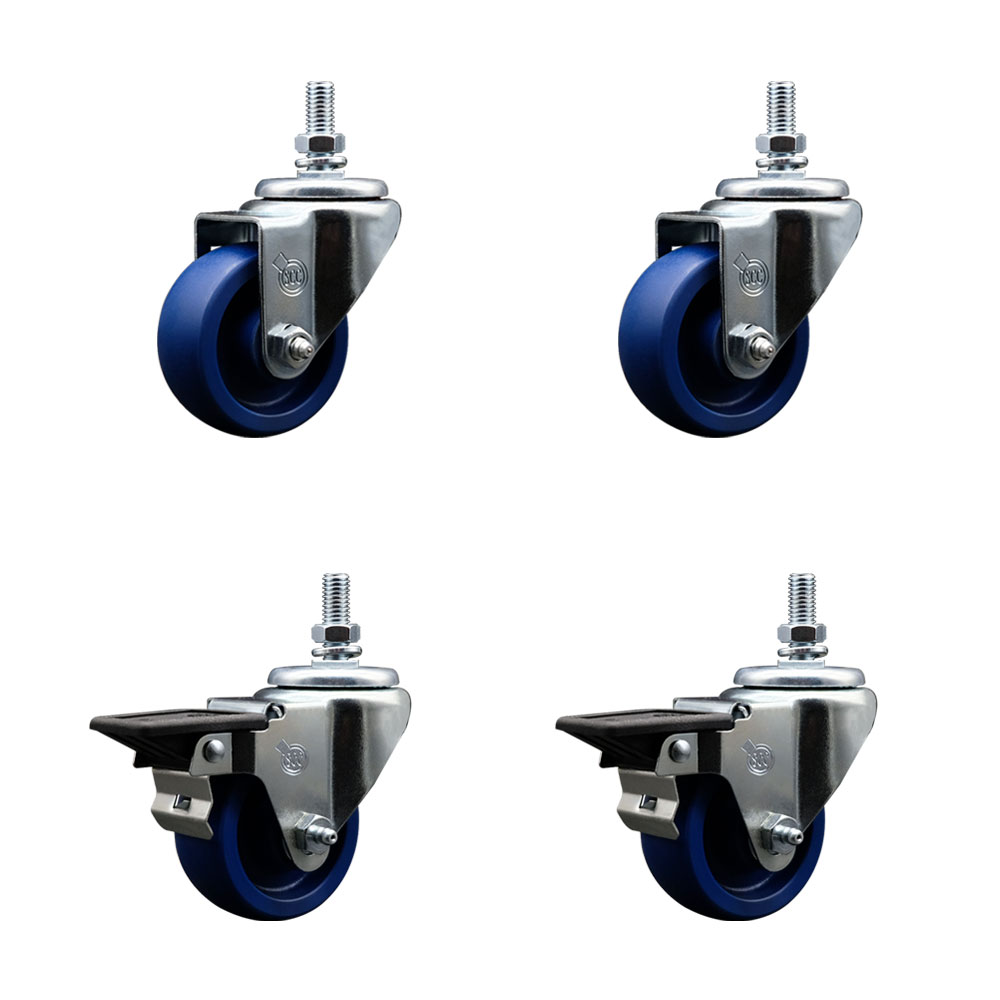 Solid Polyurethane Swivel Threaded Stem Caster Set of 4 w/3" x 1.25" Blue Wheels and 1/2" Stems - Includes 2 with Posi Locking Brake - 1200 lbs Total Capacity - Service Caster Brand — photo 1