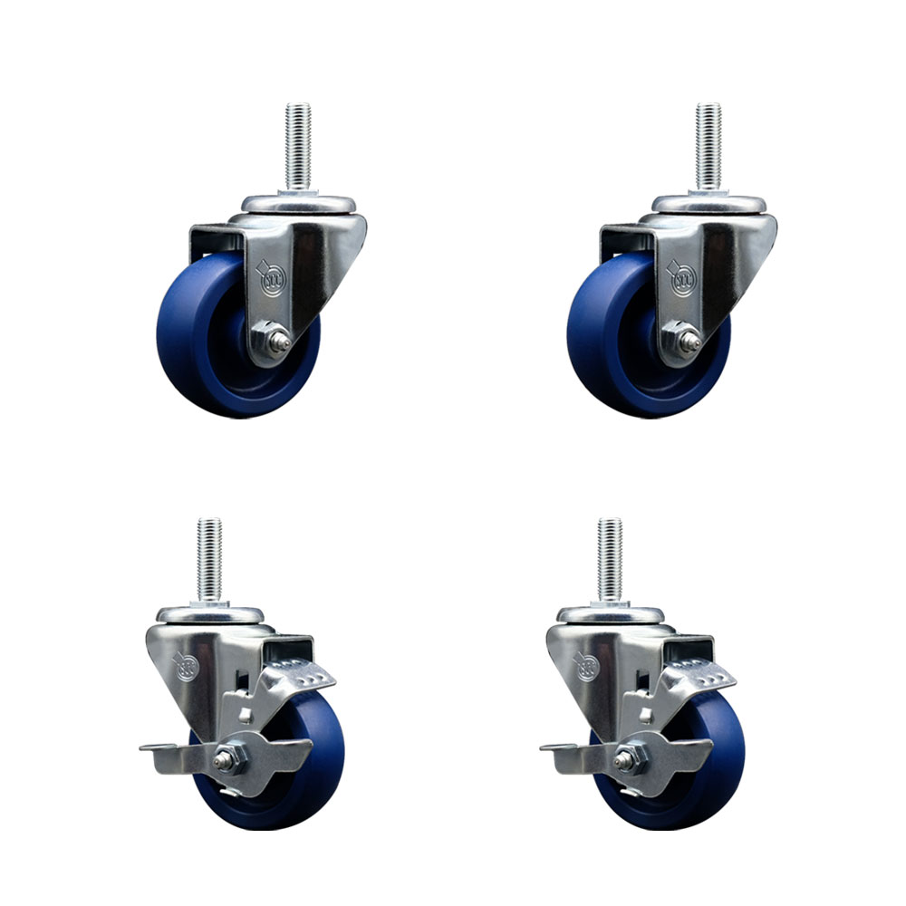 Solid Polyurethane Swivel Threaded Stem Caster Set of 4 w/3" x 1.25" Blue Wheels and 3/4" Stems - Includes 2 with Top Locking Brake - 1200 lbs Total Capacity - Service Caster Brand — photo 1