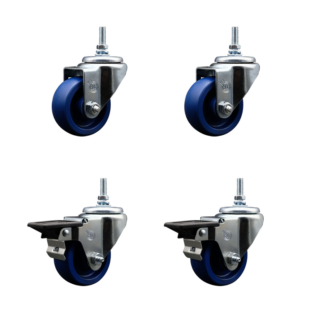 Solid Polyurethane Swivel Threaded Stem Caster Set of 4 w/3" x 1.25" Blue Wheels and 3/8" Stems - Includes 2 with Posi Locking Brake - 1200 lbs Total Capacity - Service Caster Brand — photo 1