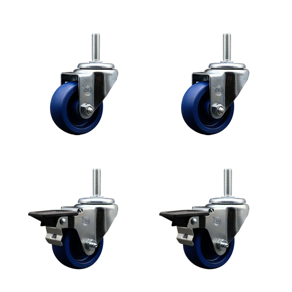Solid Polyurethane Swivel Threaded Stem Caster Set of 4 w/3" x 1.25" Blue Wheels and 5/8" Stems - Includes 2 with Posi Locking Brake - 1200 lbs Total Capacity - Service Caster Brand — photo 1
