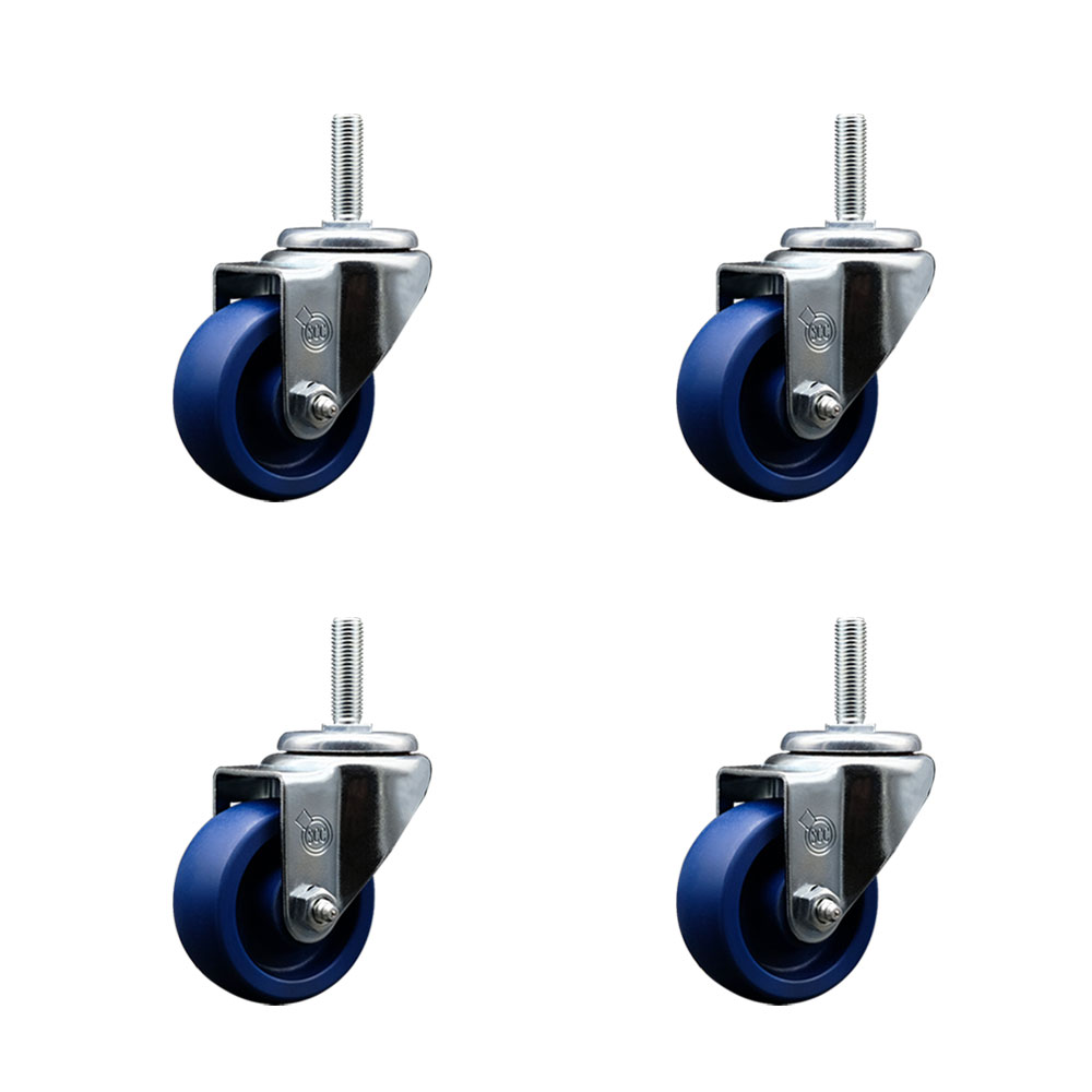 Solid Polyurethane Swivel Threaded Stem Caster Set of 4 w/3" x 1.25" Blue Wheels and 5/8" Stems - Includes 4 Swivel - 1200 lbs Total Capacity - Service Caster Brand — photo 1