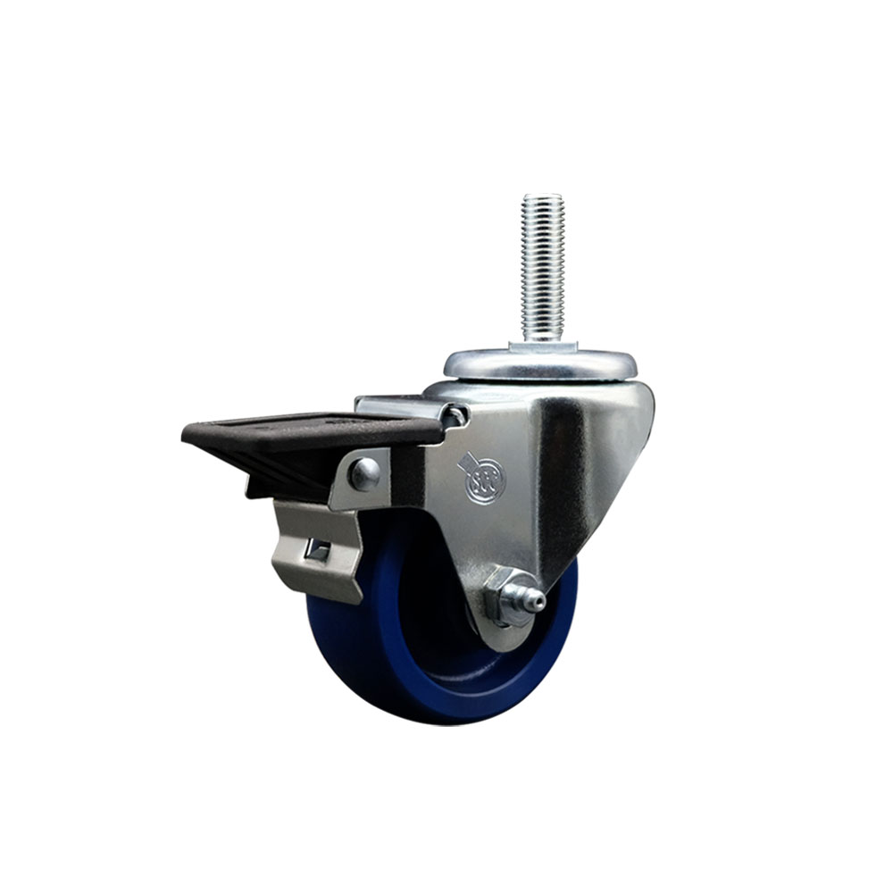 Solid Polyurethane Swivel Threaded Stem Caster w/3" x 1.25" Blue Wheel and 3/4" Stem & Posi Locking Brake - 300 lbs Capacity/Caster - Service Caster Brand — photo 1