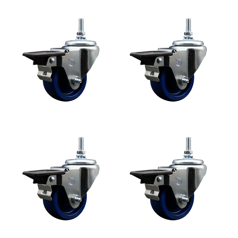 Solid Polyurethane Swivel Threaded Stem Caster Set of 4 w/3" x 1.25" Blue Wheels and 3/8" Stems - Includes 4 with Posi Lock Brakes - 1200 lbs Total Capacity - Service Caster Brand — photo 1