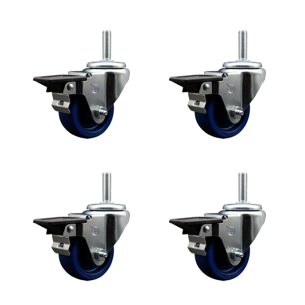 Solid Polyurethane Swivel Threaded Stem Caster Set of 4 w/3" x 1.25" Blue Wheels and 5/8" Stems - Includes 4 with Posi Lock Brakes - 1200 lbs Total Capacity - Service Caster Brand — photo 1