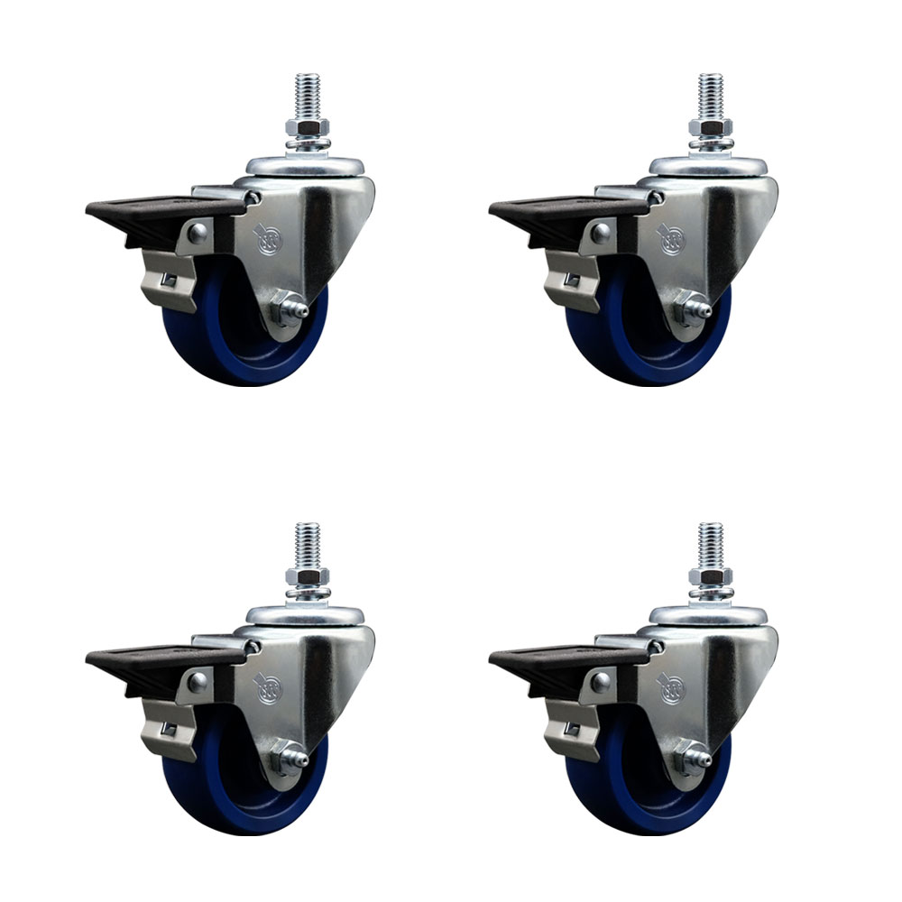 Solid Polyurethane Swivel Threaded Stem Caster Set of 4 w/3" x 1.25" Blue Wheels and 10MM Stems - Includes 4 with Posi Lock Brakes - 1200 lbs Total Capacity - Service Caster Brand — photo 1
