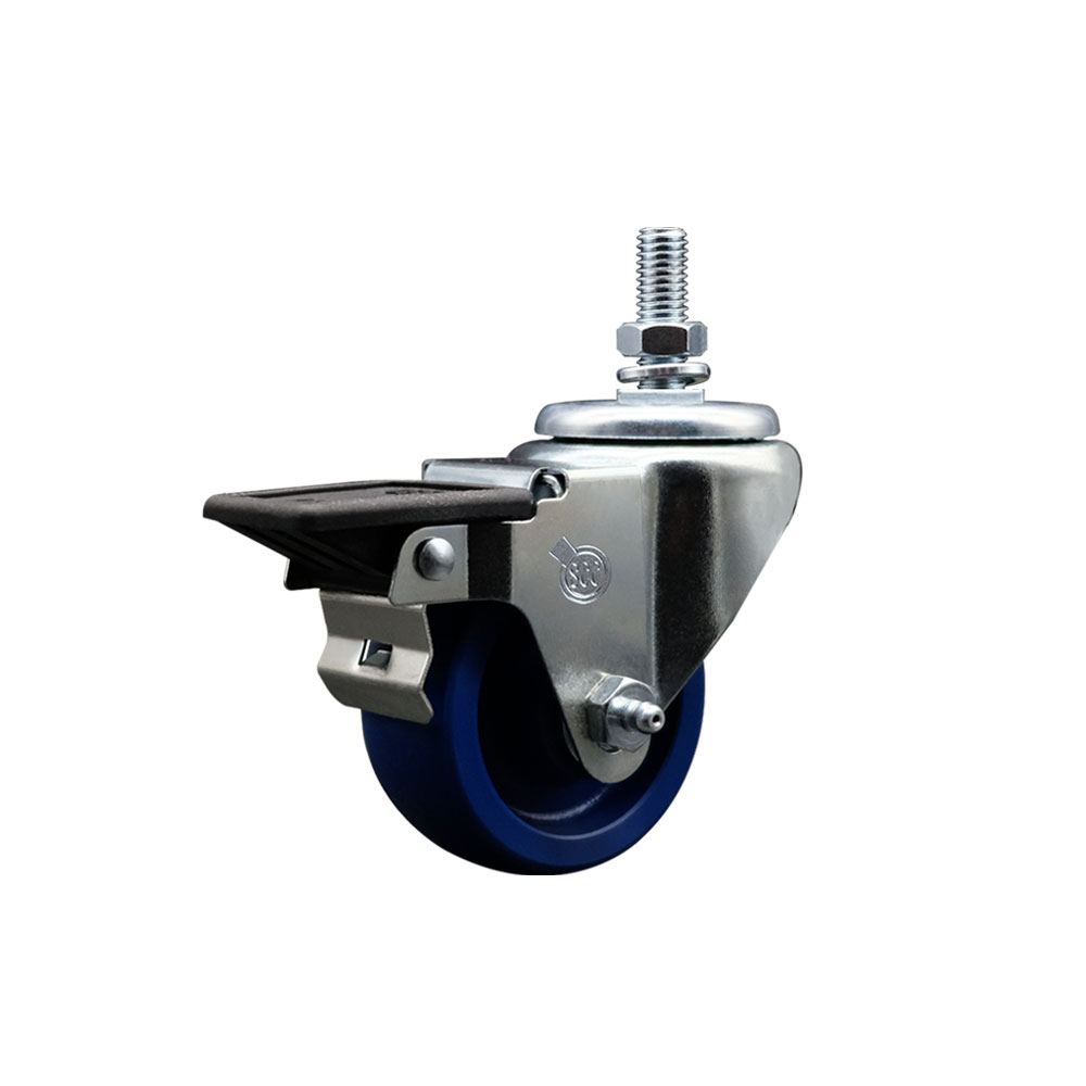 Solid Polyurethane Swivel Threaded Stem Caster w/3" x 1.25" Blue Wheel and 10MM Stem & Posi Locking Brake - 300 lbs Capacity/Caster - Service Caster Brand — photo 1