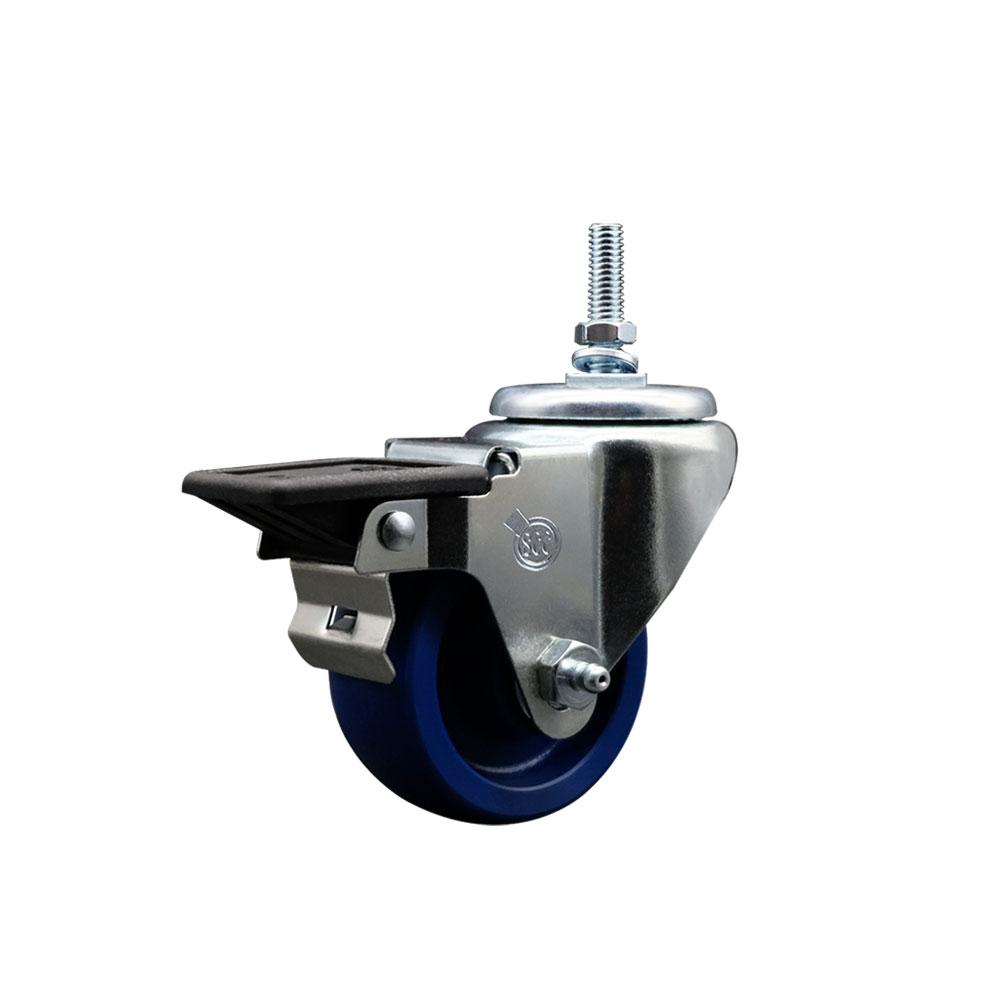 Solid Polyurethane Swivel Threaded Stem Caster w/3" x 1.25" Blue Wheel and 12MM Stem & Posi Locking Brake - 300 lbs Capacity/Caster - Service Caster Brand — photo 1