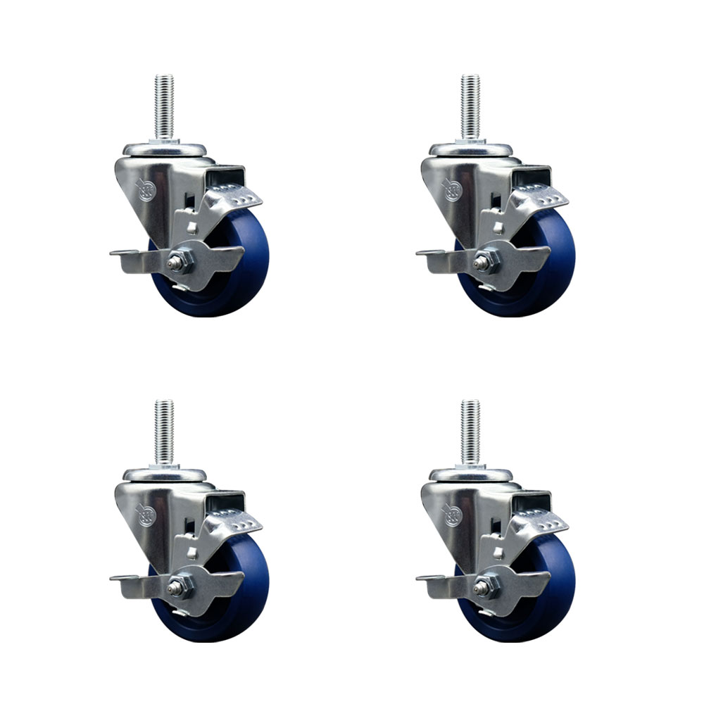 Solid Polyurethane Swivel Threaded Stem Caster Set of 4 w/3" x 1.25" Blue Wheels and 5/8" Stems - Includes 4 with Top Lock Brakes - 1200 lbs Total Capacity - Service Caster Brand — photo 1