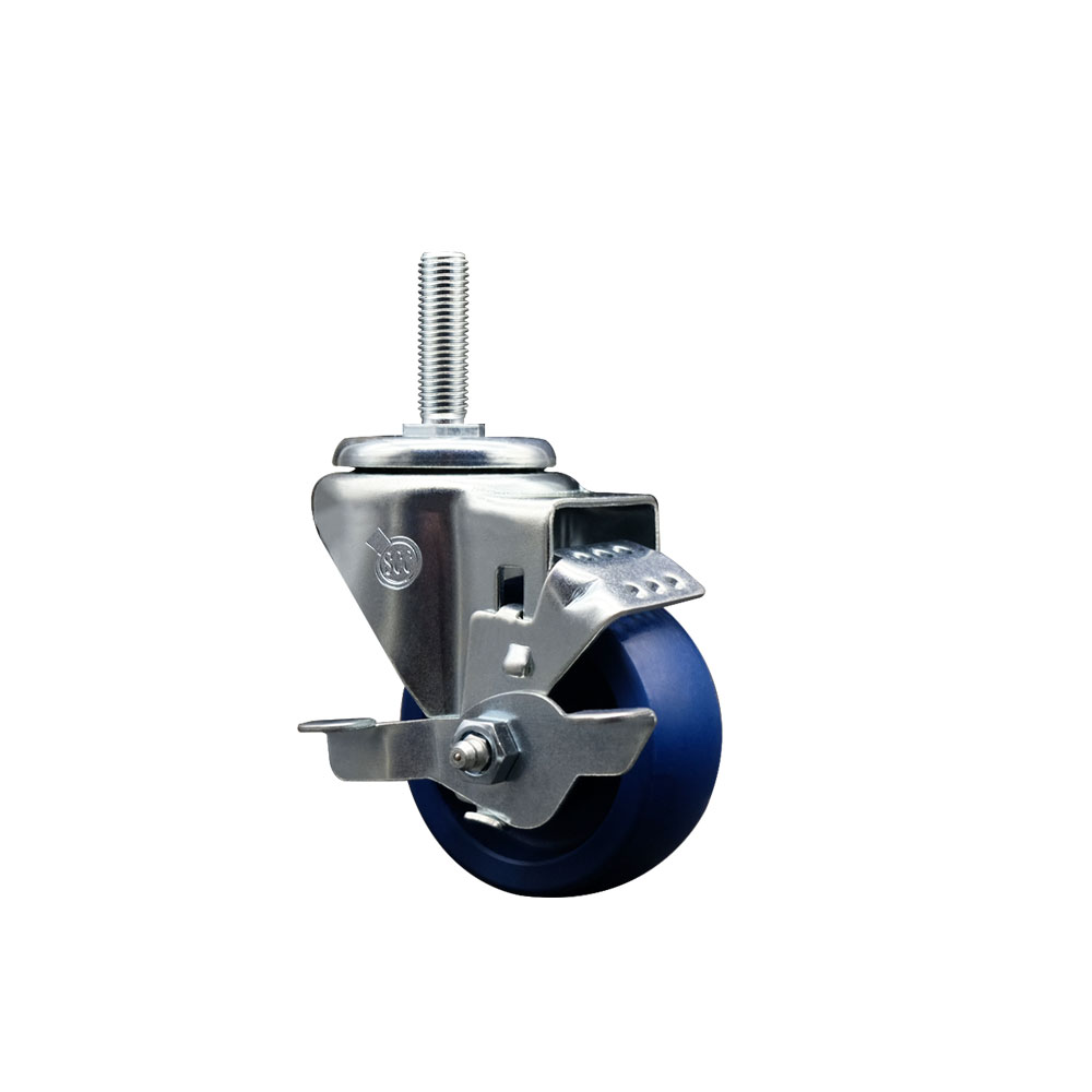 Solid Polyurethane Swivel Threaded Stem Caster w/3" x 1.25" Blue Wheel and 5/8" Stem & Top Locking Brake - 300 lbs Capacity/Caster - Service Caster Brand — photo 1