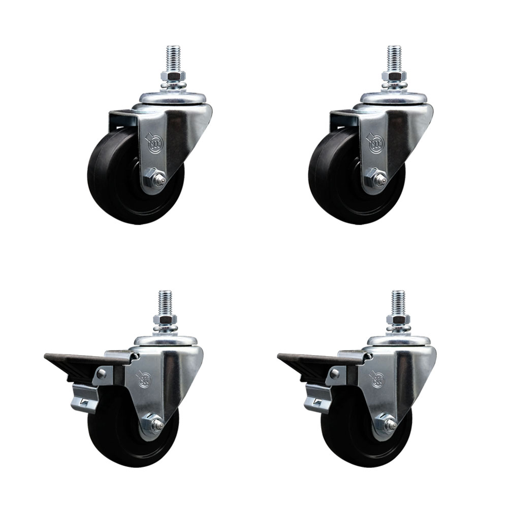 Soft Rubber Swivel Threaded Stem Caster Set of 4 w/3" x 1.25" Black Wheels and 1/2" Stems - Includes 2 with Posi Locking Brake - 700 lbs Total Capacity - Service Caster Brand — photo 1
