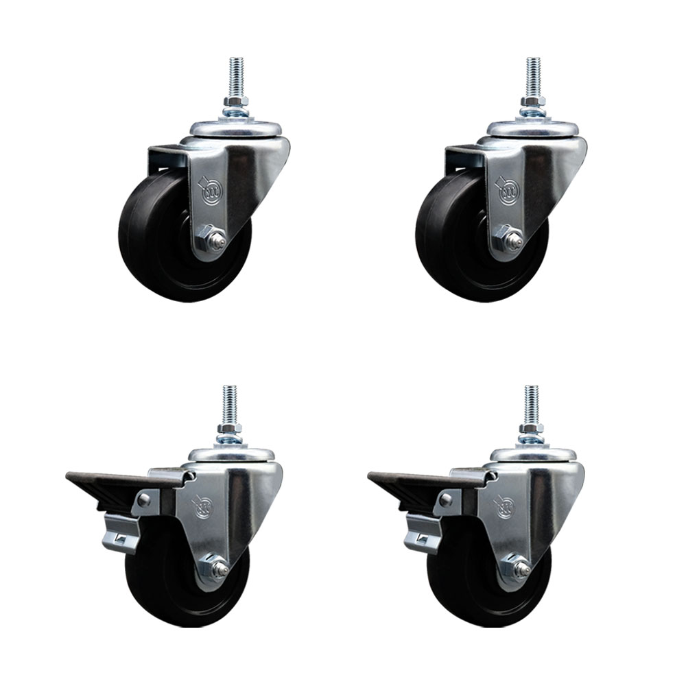 Soft Rubber Swivel Threaded Stem Caster Set of 4 w/3" x 1.25" Black Wheels and 3/8" Stems - Includes 2 with Posi Locking Brake - 700 lbs Total Capacity - Service Caster Brand — photo 1
