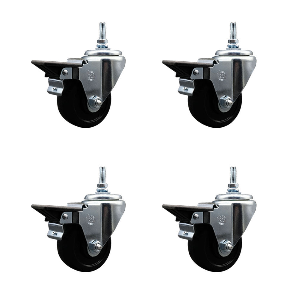 Soft Rubber Swivel Threaded Stem Caster Set of 4 w/3" x 1.25" Black Wheels and 3/8" Stems - Includes 4 with Posi Lock Brakes - 700 lbs Total Capacity - Service Caster Brand — photo 1