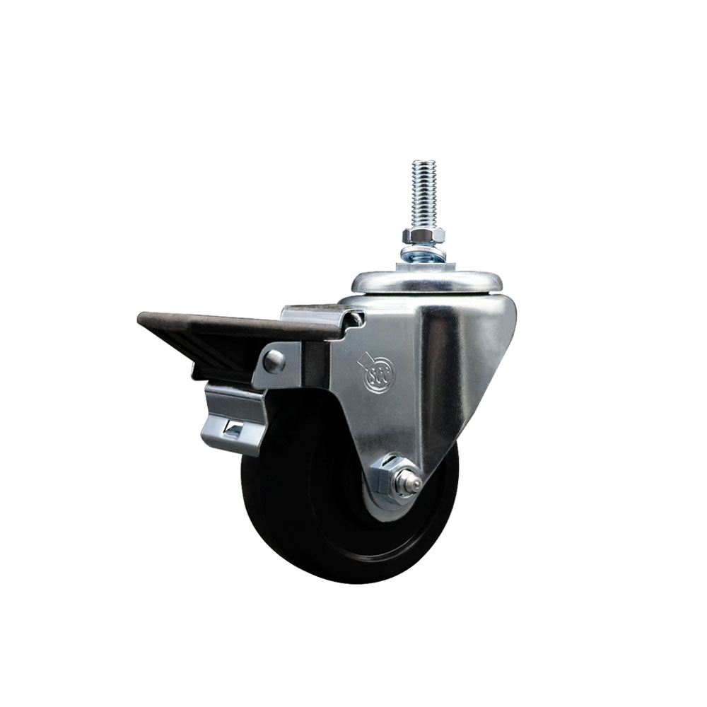 Soft Rubber Swivel Threaded Stem Caster w/3" x 1.25" Black Wheel and 3/8" Stem & Posi Locking Brake - 175 lbs Capacity/Caster - Service Caster Brand — photo 1