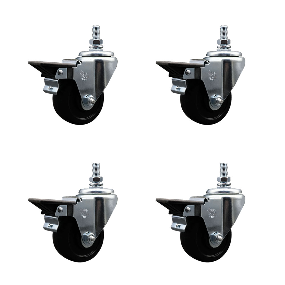 Soft Rubber Swivel Threaded Stem Caster Set of 4 w/3" x 1.25" Black Wheels and 10MM Stems - Includes 4 with Posi Lock Brakes - 700 lbs Total Capacity - Service Caster Brand — photo 1