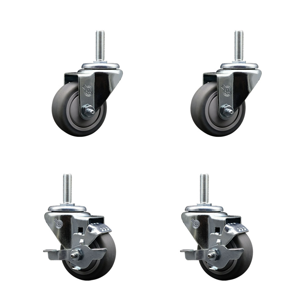 Thermoplastic Rubber Swivel Threaded Stem Caster Set of 4 - 3" x 1.25" Gray Wheels and 3/4" Stems - Includes 2 with Top Locking Brake - 840 lbs Total Capacity - Service Caster Brand — photo 1