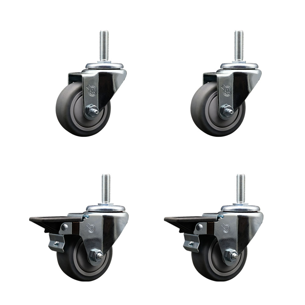 Thermoplastic Rubber Swivel Threaded Stem Caster Set of 4 - 3" x 1.25" Gray Wheels and 5/8" Stems - Includes 2 with Posi Locking Brake - 840 lbs Total Capacity - Service Caster Brand — photo 1