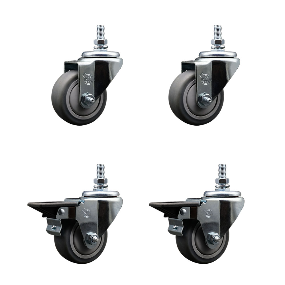 Thermoplastic Rubber Swivel Threaded Stem Caster Set of 4 - 3" x 1.25" Gray Wheels and 10MM Stems - Includes 2 with Posi Locking Brake - 840 lbs Total Capacity - Service Caster Brand — photo 1