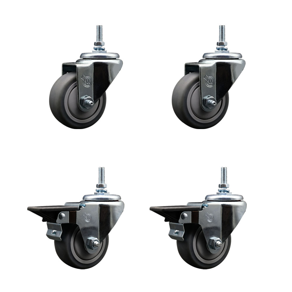 Thermoplastic Rubber Swivel Threaded Stem Caster Set of 4 - 3" x 1.25" Gray Wheels and 12MM Stems - Includes 2 with Posi Locking Brake - 840 lbs Total Capacity - Service Caster Brand — photo 1