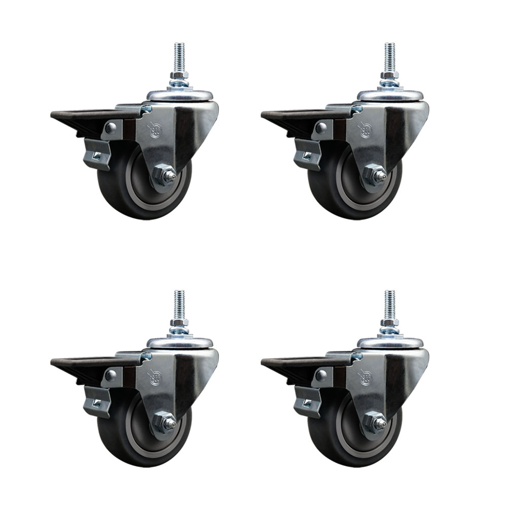 Thermoplastic Rubber Swivel Threaded Stem Caster Set of 4 w/3" x 1.25" Gray Wheels and 3/8" Stems - Includes 4 with Posi Lock Brakes - 840 lbs Total Capacity - Service Caster Brand — photo 1