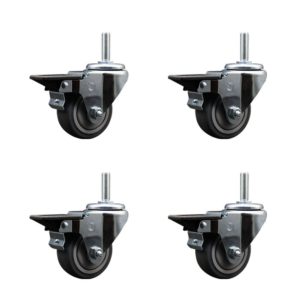 Thermoplastic Rubber Swivel Threaded Stem Caster Set of 4 w/3" x 1.25" Gray Wheels and 5/8" Stems - Includes 4 with Posi Lock Brakes - 840 lbs Total Capacity - Service Caster Brand — photo 1