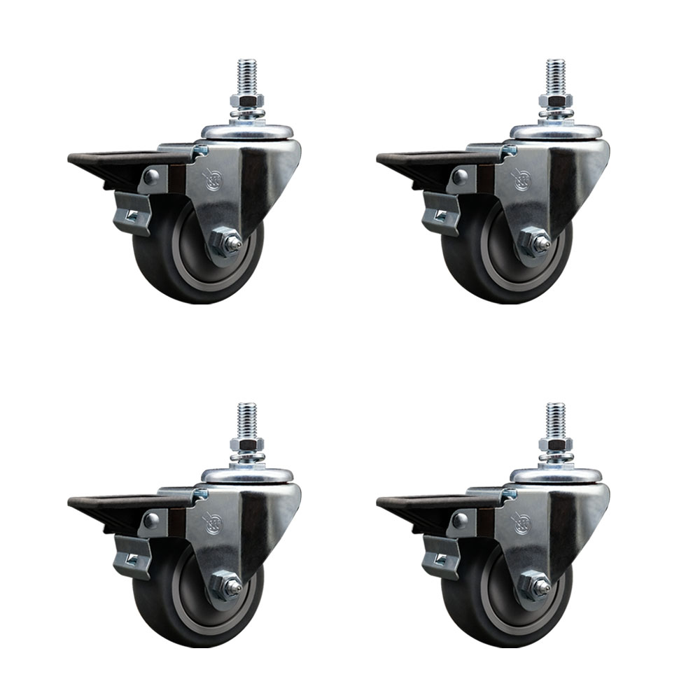 Thermoplastic Rubber Swivel Threaded Stem Caster Set of 4 w/3" x 1.25" Gray Wheels and 10MM Stems - Includes 4 with Posi Lock Brakes - 840 lbs Total Capacity - Service Caster Brand — photo 1
