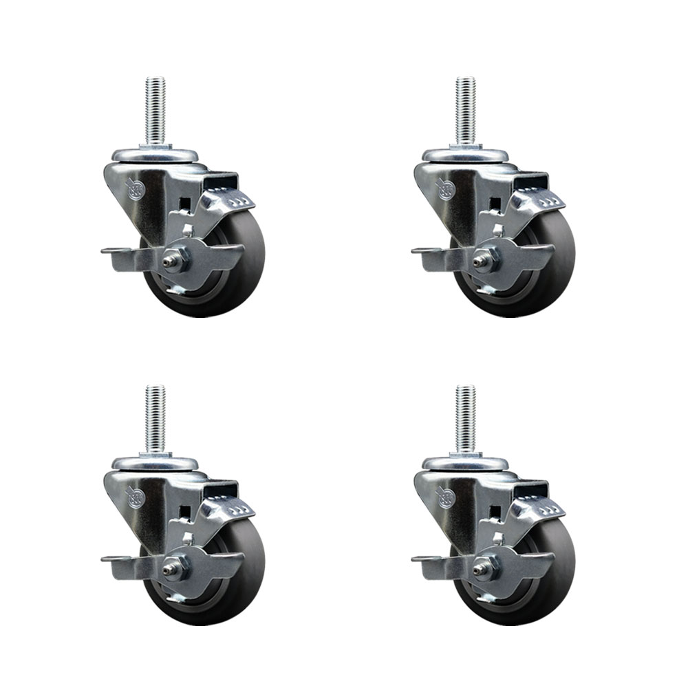 Thermoplastic Rubber Swivel Threaded Stem Caster Set of 4 w/3" x 1.25" Gray Wheels and 5/8" Stems - Includes 4 with Top Lock Brakes - 840 lbs Total Capacity - Service Caster Brand — photo 1