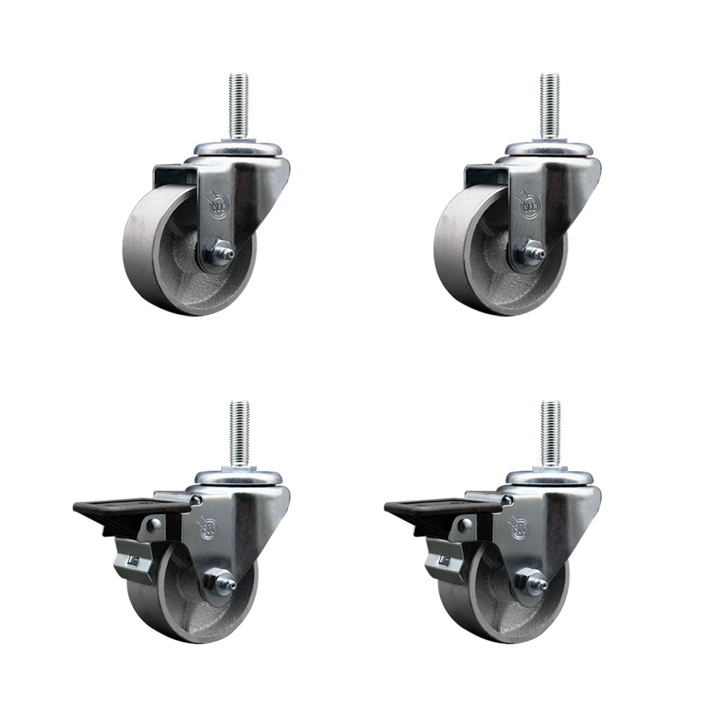 Semi Steel Cast Iron Swivel Threaded Stem Caster Set of 4 w/Roller Bearing - 3" x 1.5" Silver Wheels and 3/4" Stems - Includes 2 with Posi Locking Brake - 1200lbs Total Capacity - Service Caster Brand — photo 1