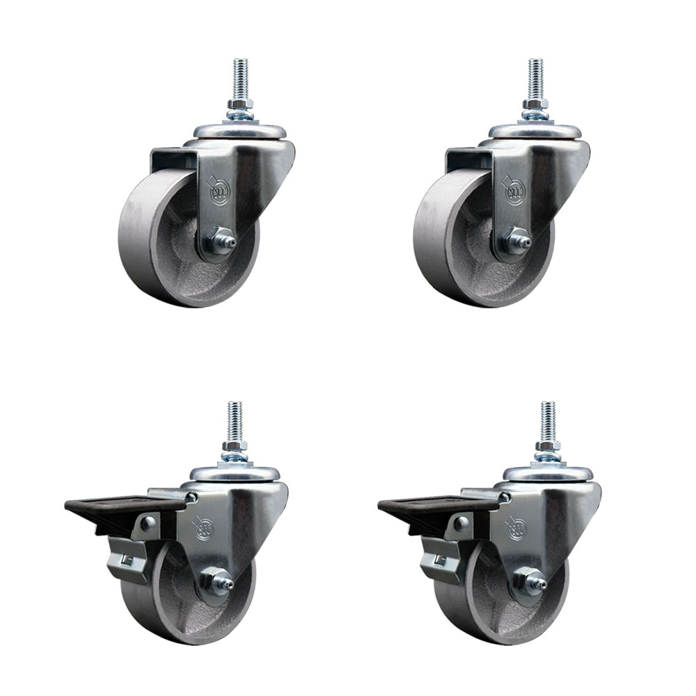 Semi Steel Cast Iron Swivel Threaded Stem Caster Set of 4 w/Roller Bearing - 3" x 1.5" Silver Wheels and 3/8" Stems - Includes 2 with Posi Locking Brake - 1200lbs Total Capacity - Service Caster Brand — photo 1