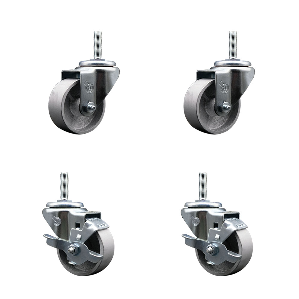 Semi Steel Cast Iron Swivel Threaded Stem Caster Set of 4 w/Roller Bearing - 3" x 1.5" Silver Wheels and 5/8" Stems - Includes 2 with Top Locking Brake - 1200 lbs Total Capacity - Service Caster Brand — photo 1