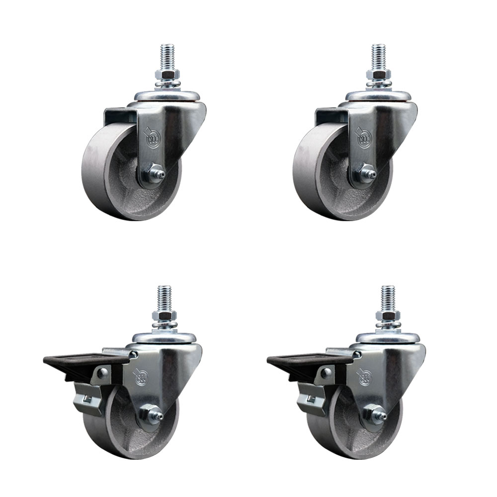 Semi Steel Cast Iron Swivel Threaded Stem Caster Set of 4 w/Roller Bearing - 3" x 1.5" Silver Wheels and 10MM Stems - Includes 2 with Posi Locking Brake - 1200lbs Total Capacity - Service Caster Brand — photo 1