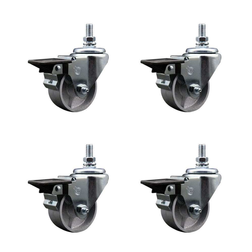 Semi Steel Cast Iron Swivel Threaded Stem Caster w/Roller Bearing Set of 4 w/3" x 1.5" Silver Wheels and 3/4" Stems - Includes 4 with Posi Lock Brakes - 1200 lbs Total Capacity - Service Caster Brand — photo 1