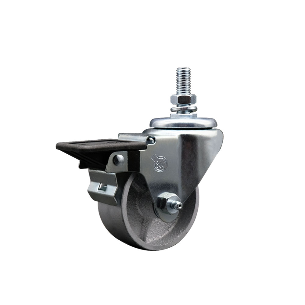 Semi Steel Cast Iron Swivel Threaded Stem Caster w/Roller Bearing - 3" x 1.25" Silver Wheel and 3/4" Stem & Posi Locking Brake - 300 lbs Capacity/Caster - Service Caster Brand — photo 1