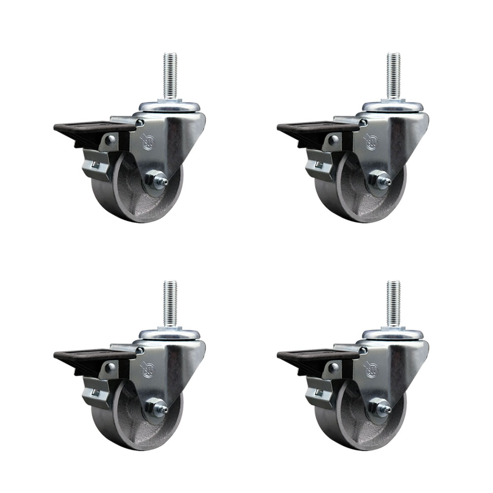 Semi Steel Cast Iron Swivel Threaded Stem Caster w/Roller Bearing Set of 4 w/3" x 1.5" Silver Wheels and 3/4" Stems - Includes 4 with Posi Lock Brakes - 1200 lbs Total Capacity - Service Caster Brand — photo 1