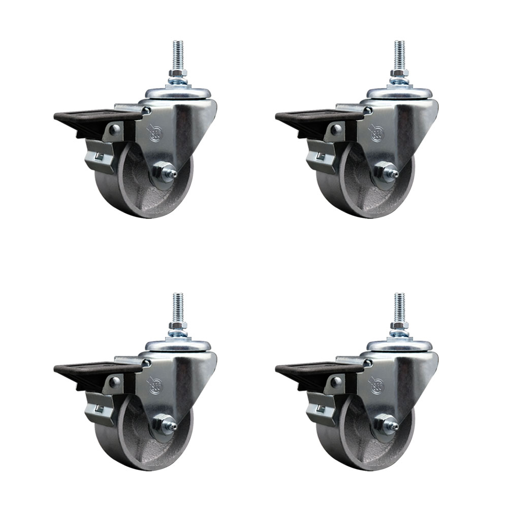 Semi Steel Cast Iron Swivel Threaded Stem Caster w/Roller Bearing Set of 4 w/3" x 1.5" Silver Wheels and 3/8" Stems - Includes 4 with Posi Lock Brakes - 1200 lbs Total Capacity - Service Caster Brand — photo 1