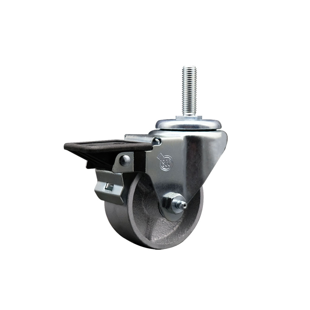 Semi Steel Cast Iron Swivel Threaded Stem Caster  - 3" x 1.25" Silver Wheel and 5/8" Stem & Posi Locking Brake - 300 lbs Capacity/Caster - Service Caster Brand — photo 1