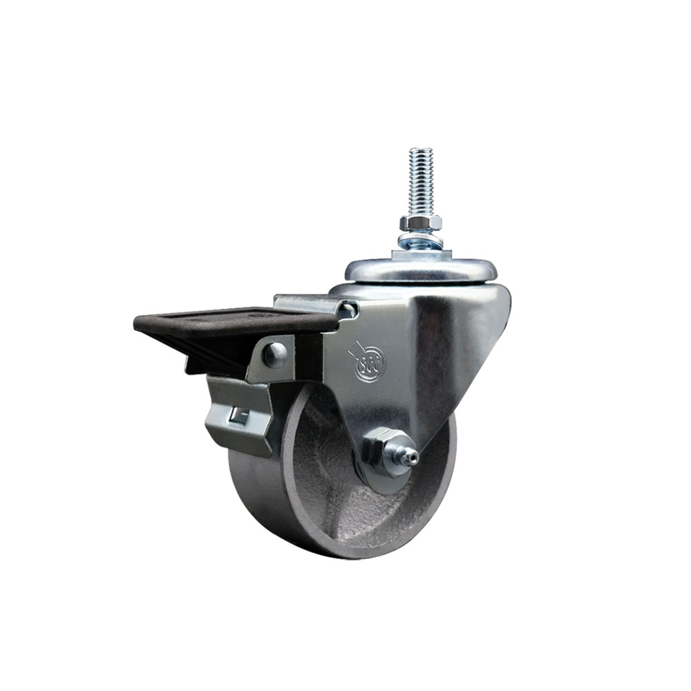 Semi Steel Cast Iron Swivel Threaded Stem Caster w/Roller Bearing - 3" x 1.25" Silver Wheel and 12MM Stem & Posi Locking Brake - 300 lbs Capacity/Caster - Service Caster Brand — photo 1