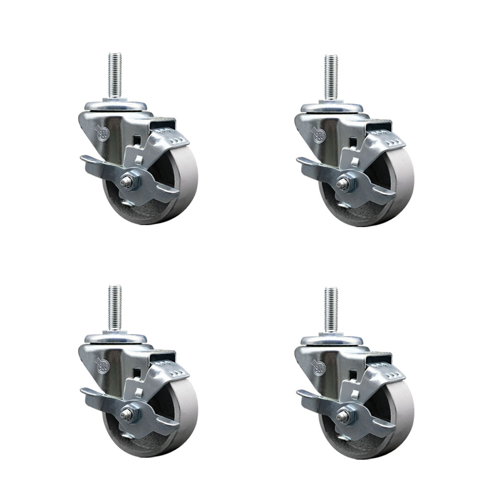 Semi Steel Cast Iron Swivel Threaded Stem Caster w/Roller Bearing Set of 4 w/3" x 1.5" Silver Wheels and 5/8" Stems - Includes 4 with Top Lock Brakes - 1200 lbs Total Capacity - Service Caster Brand — photo 1