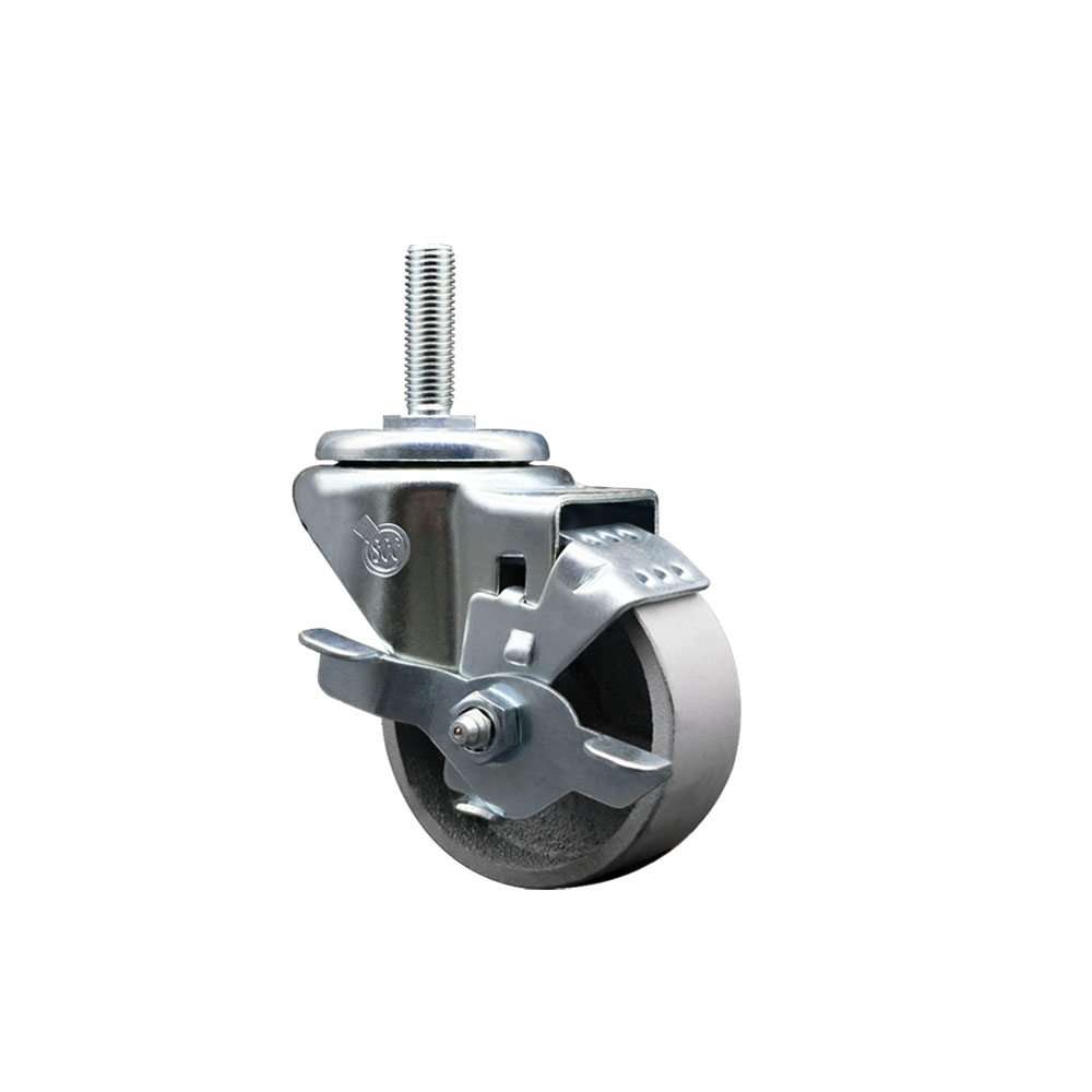 Semi Steel Cast Iron Swivel Threaded Stem Caster  - 3" x 1.25" Silver Wheel and 5/8" Stem & Top Locking Brake - 300 lbs Capacity/Caster - Service Caster Brand — photo 1