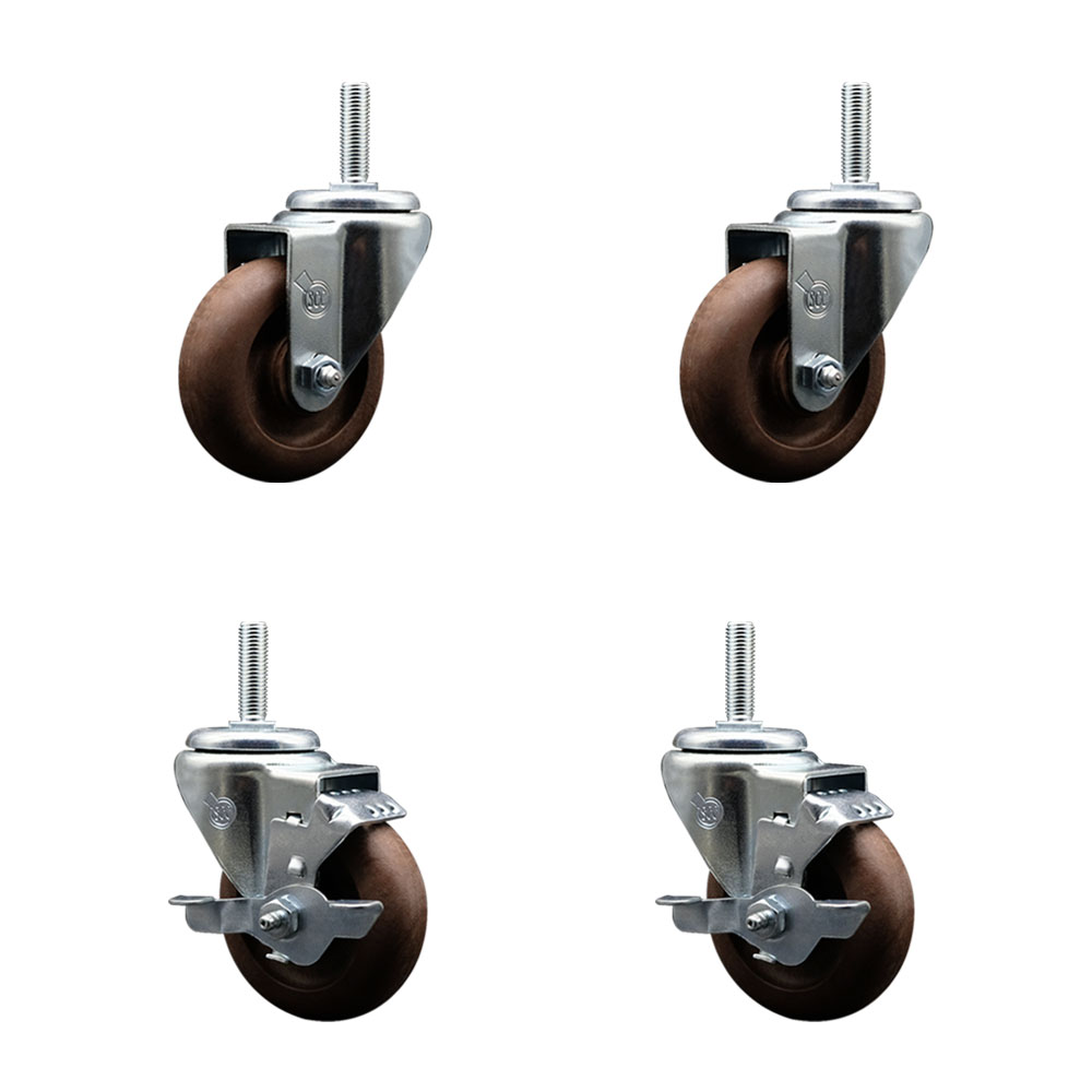 High Temp Glass Filled Nylon Swivel Threaded Stem Caster Set of 4 w/3.5" x 1.25" Brown Wheels and 5/8" Stems - Includes 2 with Top Locking Brake - 1400 lbs Total Capacity - Service Caster Brand — photo 1