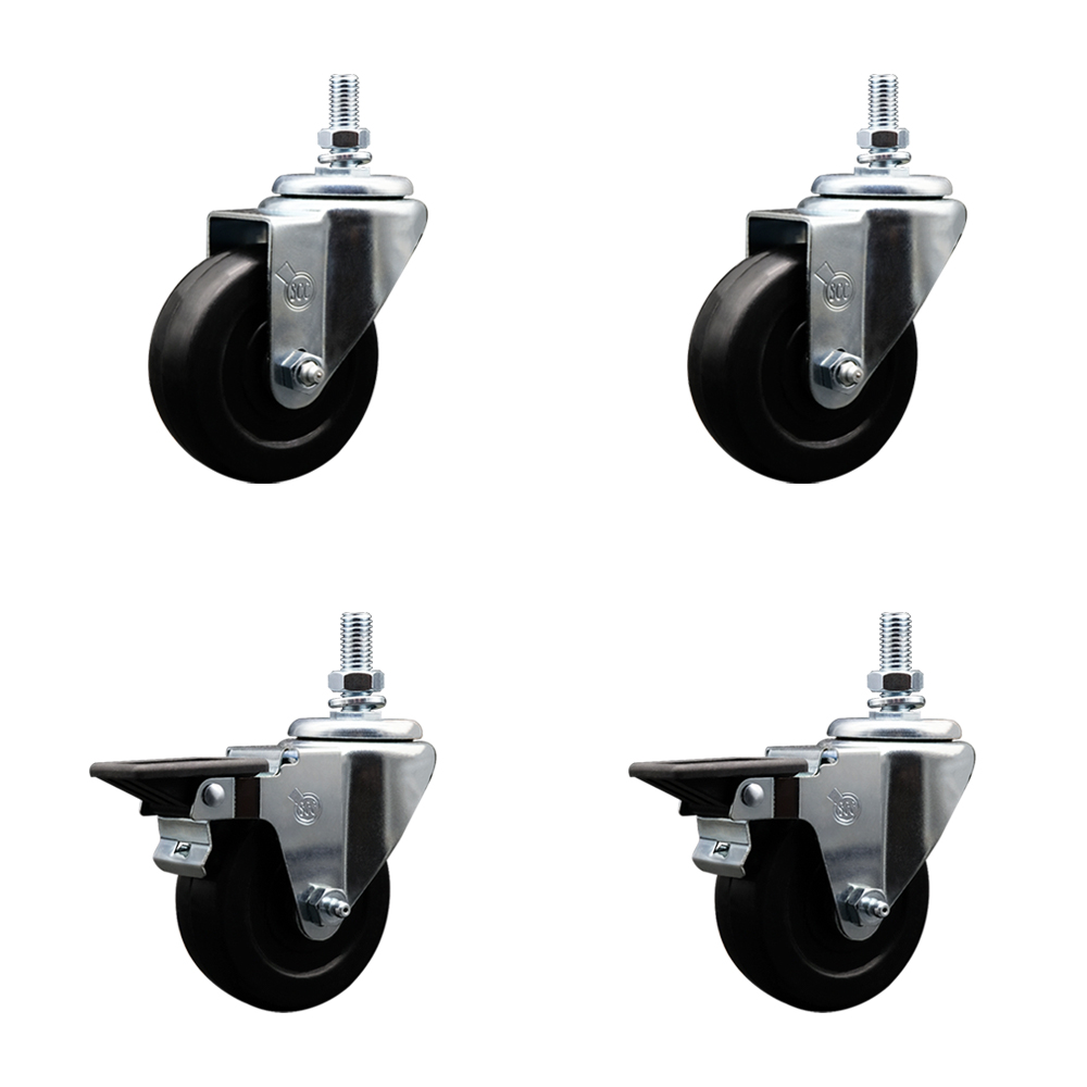 Hard Rubber Swivel Threaded Stem Caster Set of 4 w/3.5" x 1.25" Black Wheels and 1/2" Stems - Includes 2 with Posi Locking Brake - 1,140 lbs Total Capacity - Service Caster Brand — photo 1