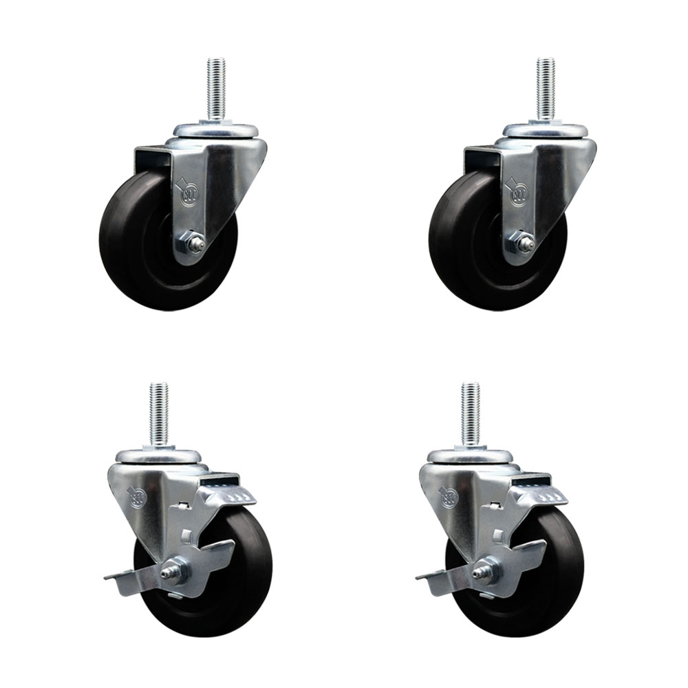 Hard Rubber Swivel Threaded Stem Caster Set of 4 w/3.5" x 1.25" Black Wheels and 3/4" Stems - Includes 2 with Top Locking Brake - 1140 lbs Total Capacity - Service Caster Brand — photo 1