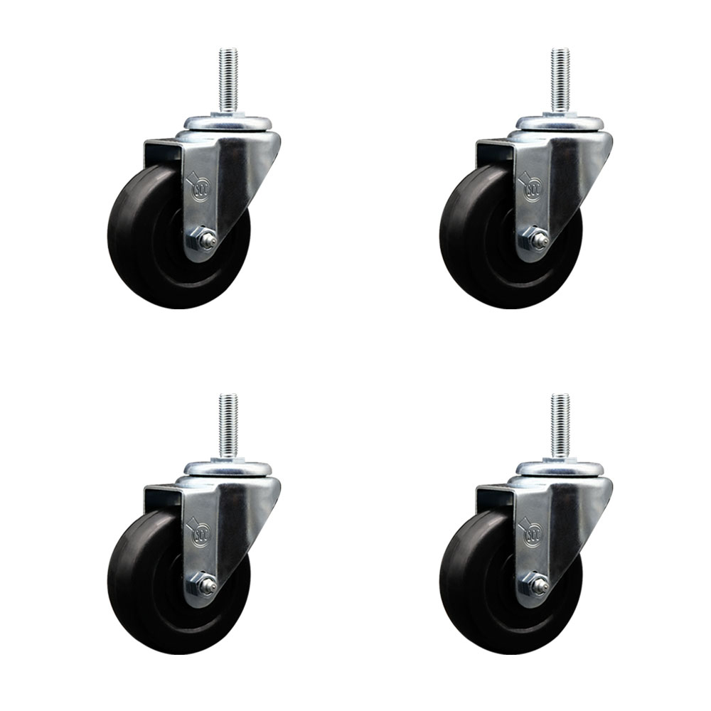 Soft Rubber Swivel Threaded Stem Caster Set of 4 w/3.5" x 1.25" Black Wheels and 3/4" Stems - Includes 4 Swivel - 800 lbs Total Capacity - Service Caster Brand — photo 1